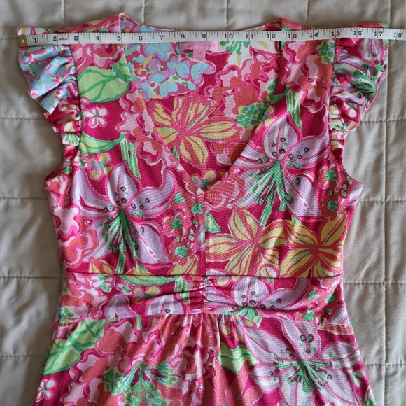 Lilly Pulitzer Pink Floral Fit and Flare Dress with Ruffle Cap Sleeve - Picture 4 of 8